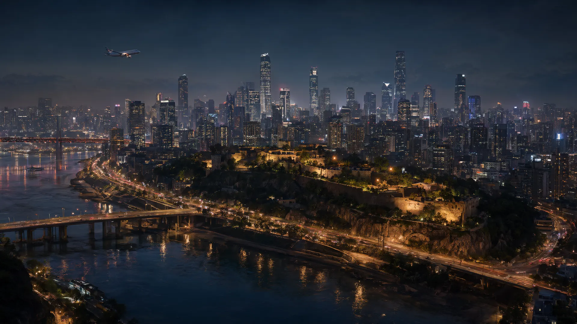 A modern metropolis glittering at night across a river