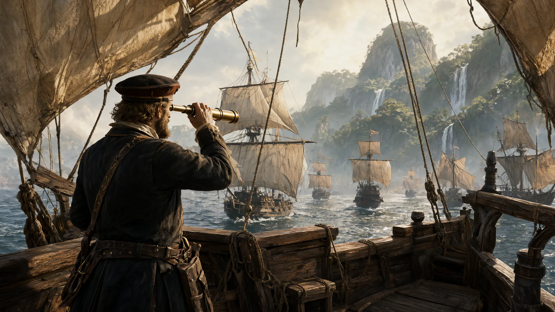 A captain with a spyglass leads a fleet of sailing ships toward an unknown coast