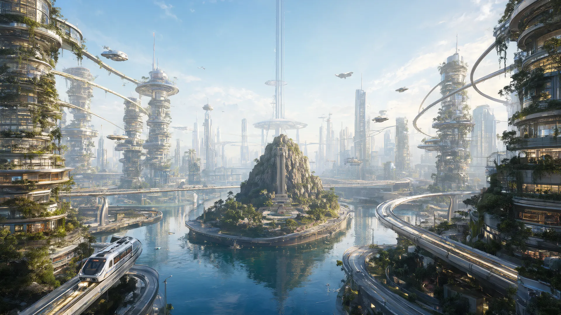 A green future city of towers, maglev trains and floating gardens