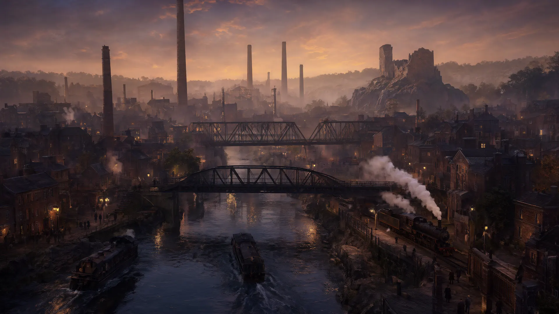 An industrial city of smokestacks, iron bridges and steam trains at dusk